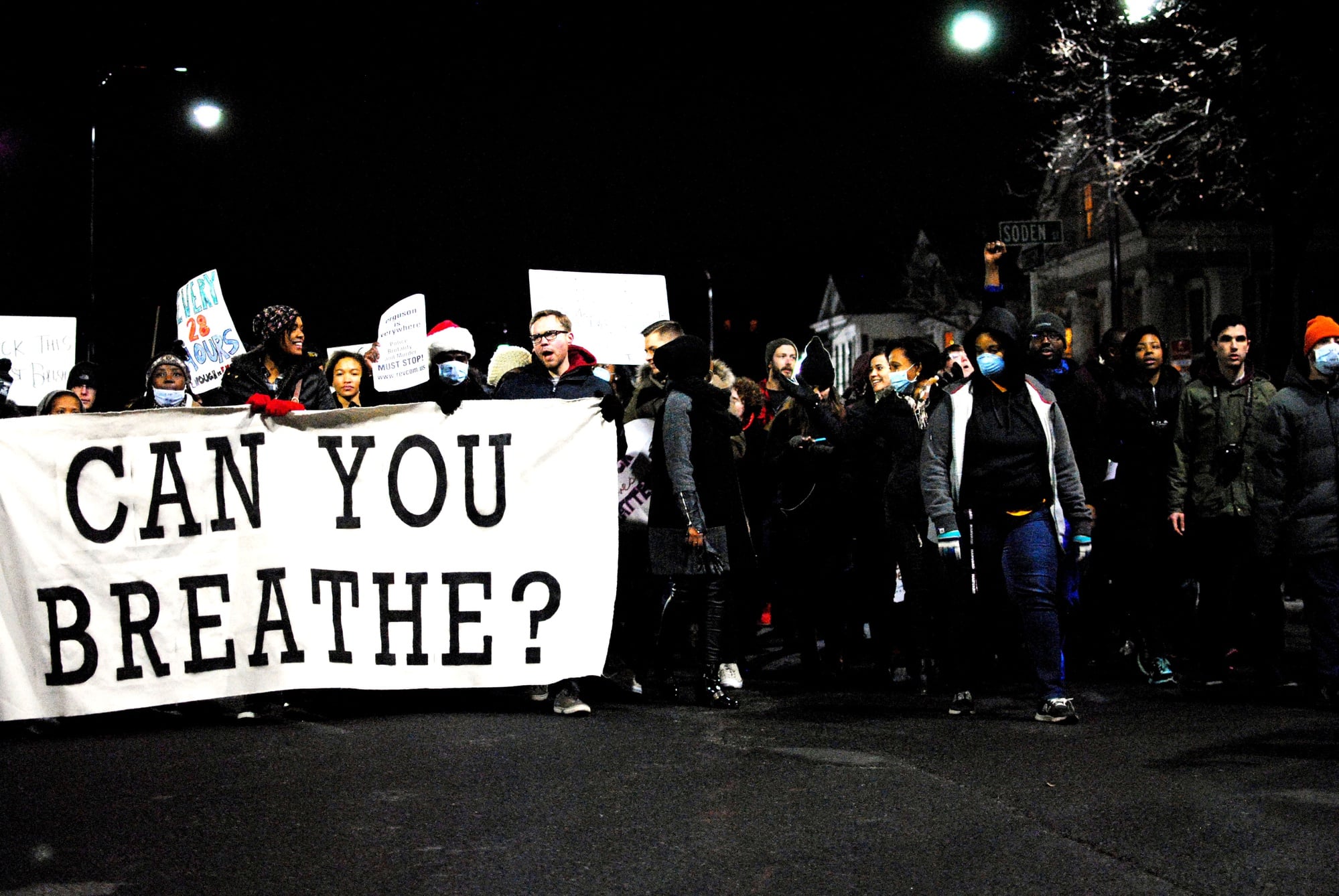 Protesters marched up Western Avenue towards Central Square shouting “We Can't Breathe” in December.
