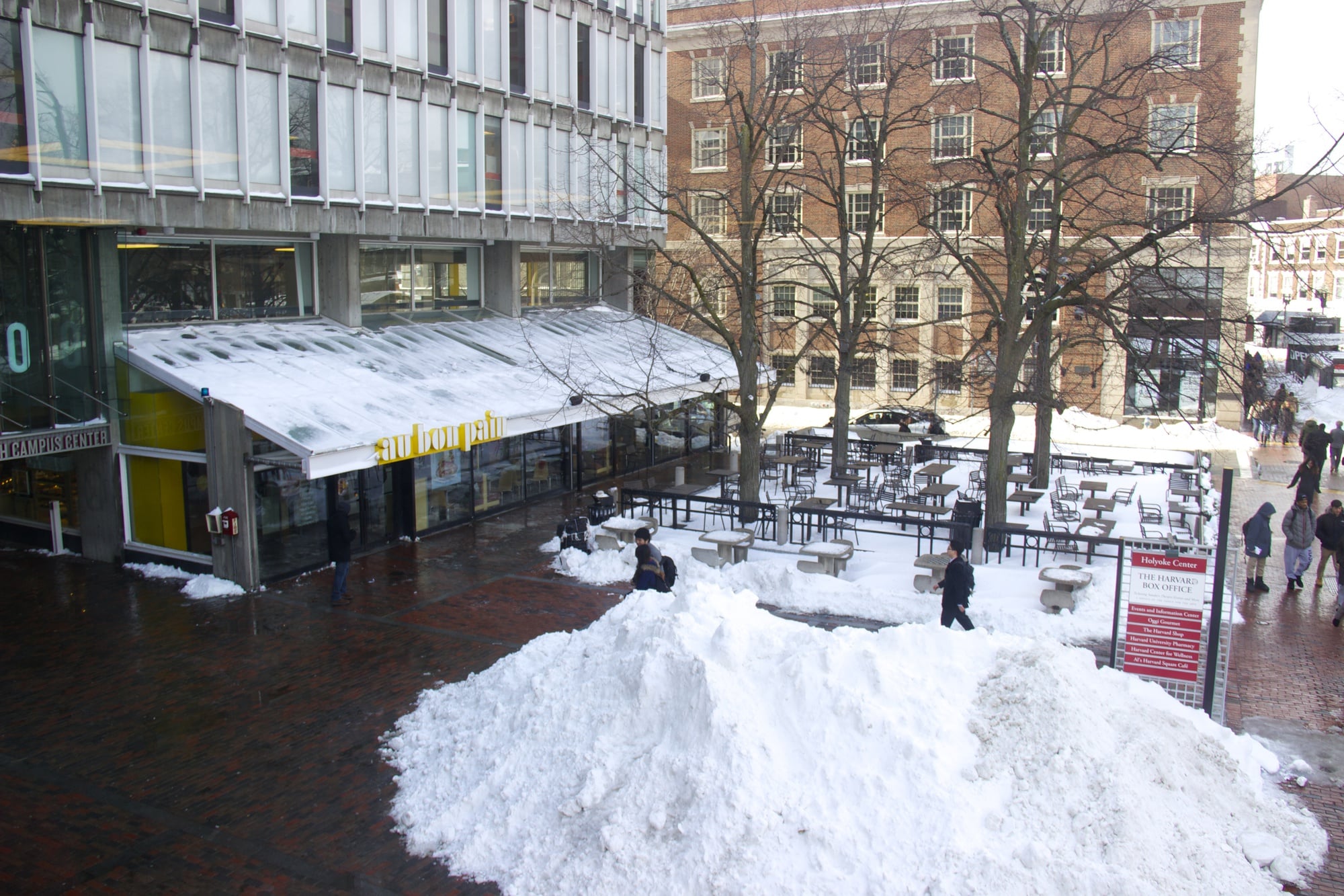 The plaza outside the Smith Campus Center will change significantly in the upcoming renovations, hosting a new extended glass  front where Au Bon Pain is currently located. Brigid O'Rourke, a Harvard spokesperson, said the fate of restaurants in the campus center has yet to be decided.