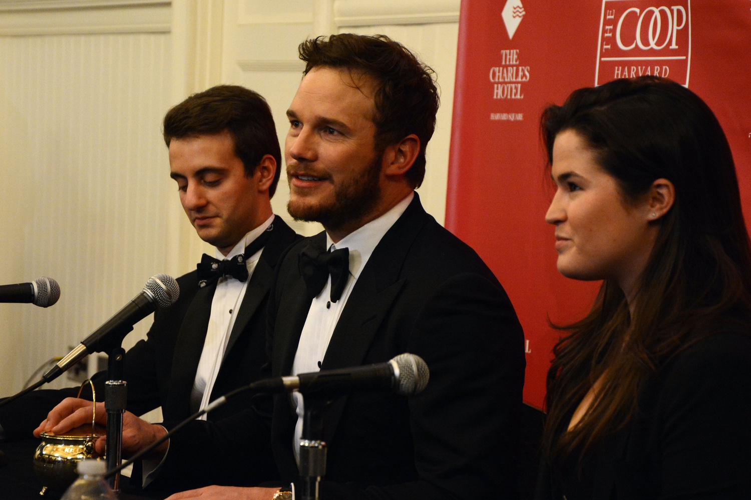 Hasty Pudding Theatricals' Man of the Year, Chris Pratt speaks about the Seattle Seahawks football team at the press conference in Farkas Hall on Friday evening. 