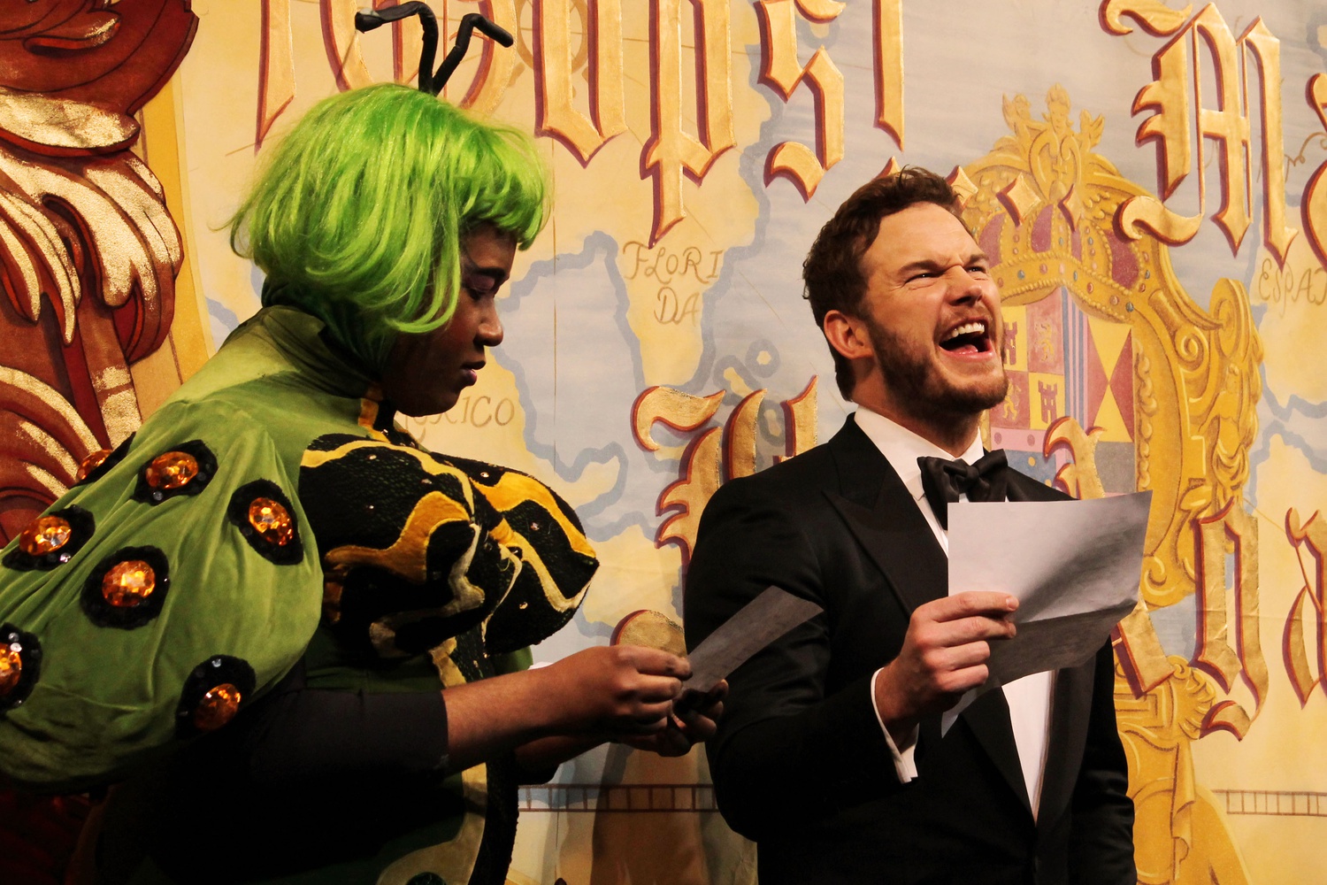 Hasty Pudding Theatricals' Man of the Year, Chris Pratt sings a rendition of "Don't Go Breaking My Heart" with a member of the Hasty Pudding Theatricals at Farkas Hall on Friday evening. 