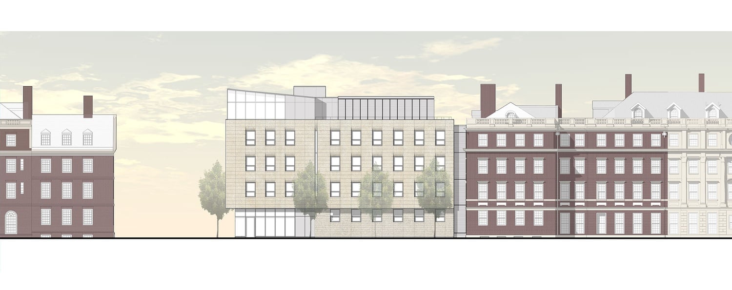 Renewal plans for Winthrop House, which is slated for renovation in 2016-2017, include a five-story addition to Gore Hall on Mill Street.