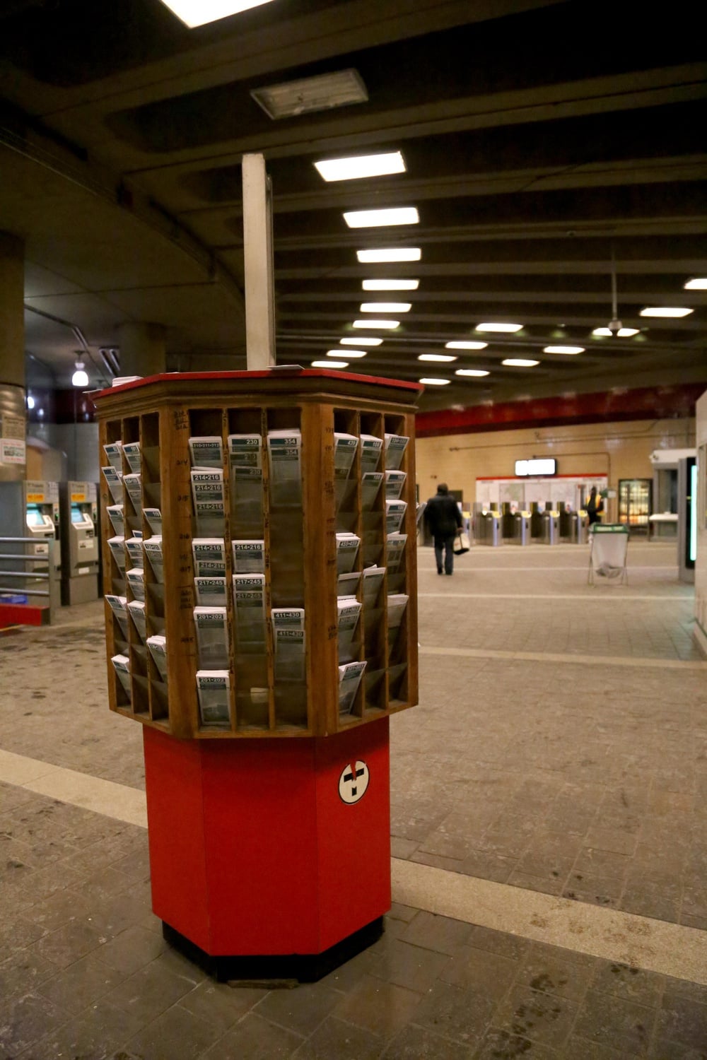 A kiosk at the Harvard Square T Station provides schedules of MBTA transit times. 