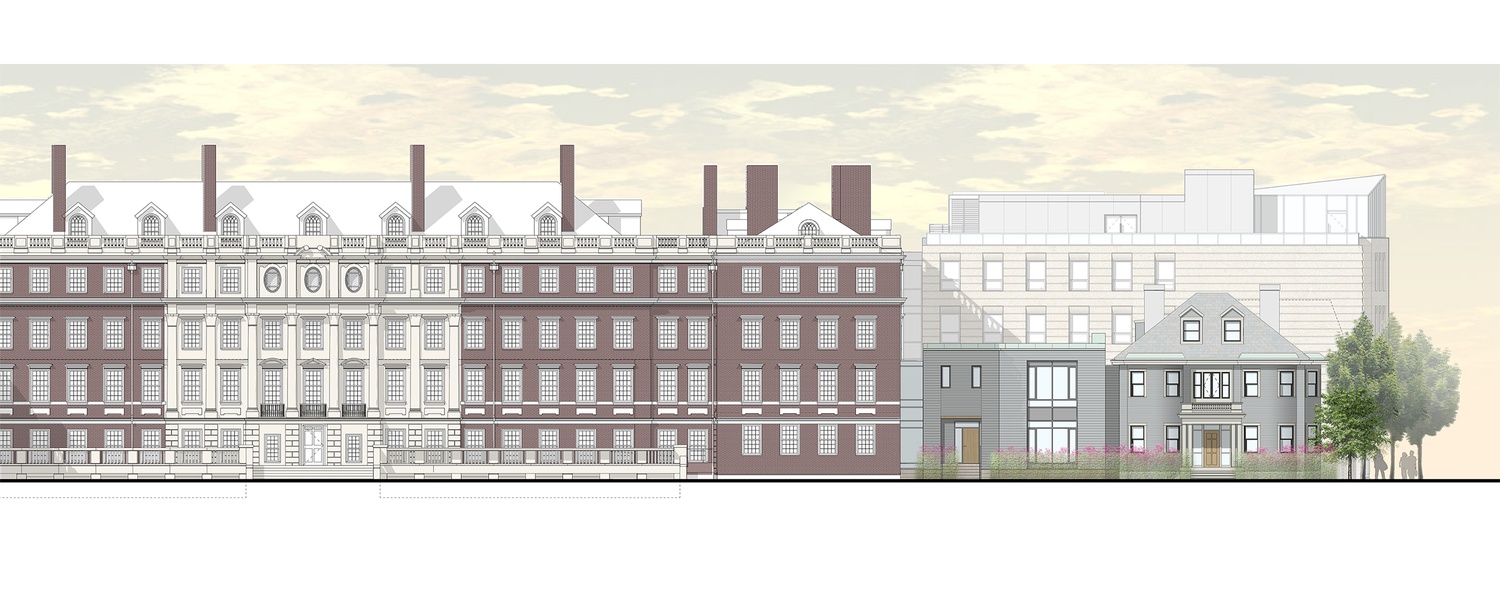 Renewal plans for Winthrop House, which is slated for renovation in 2016-2017, include a five-story addition to Gore Hall. This rendering shows Winthrop from Memorial Drive.