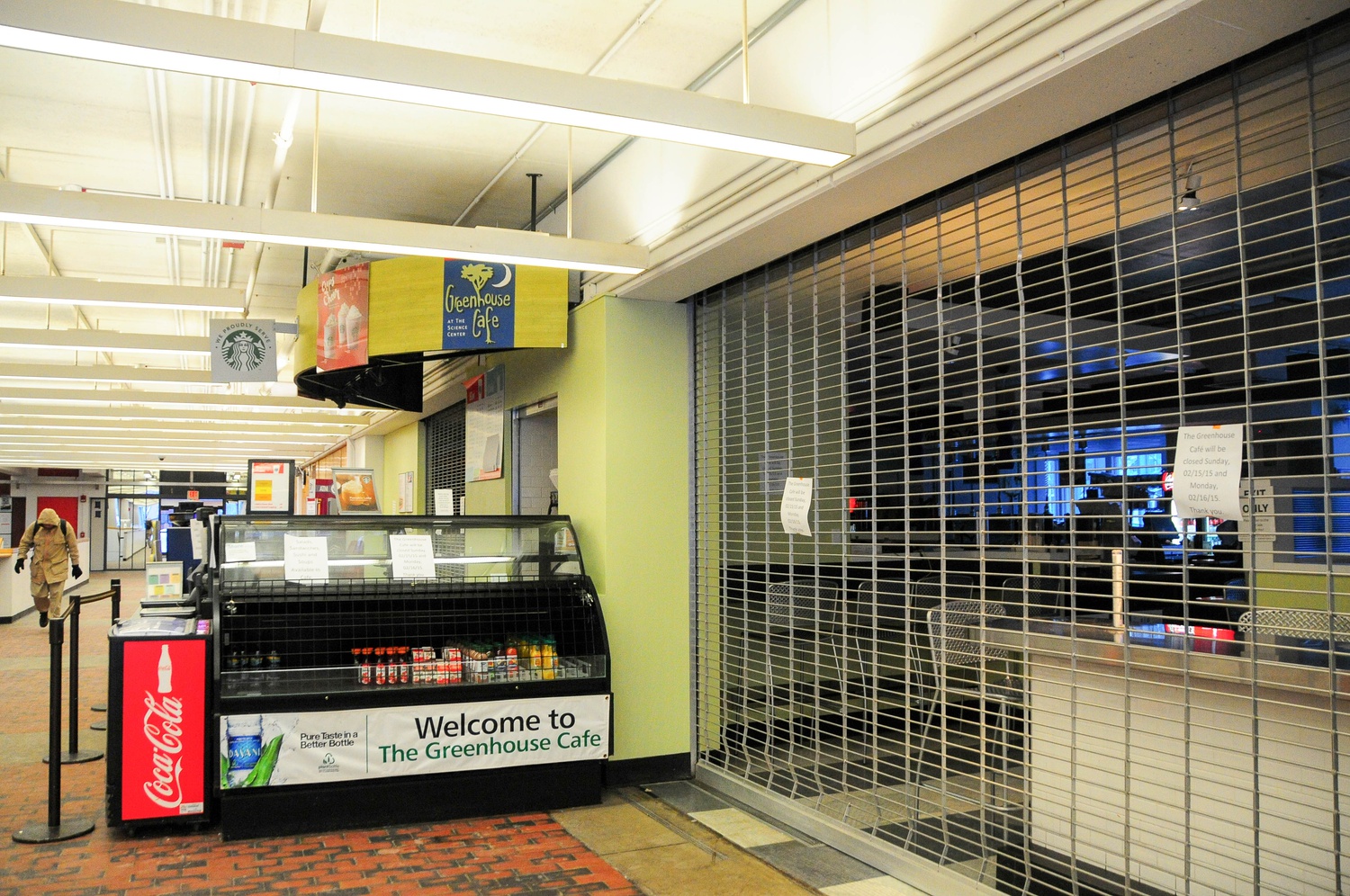 Greenhouse Cafe sits closed on Sunday.

CORRECTION: An earlier version of this caption incorrectly stated that the University closed all operations Sunday. In fact, while the College altered its dining schedule due to a storm, Harvard did not formally suspend all operations.