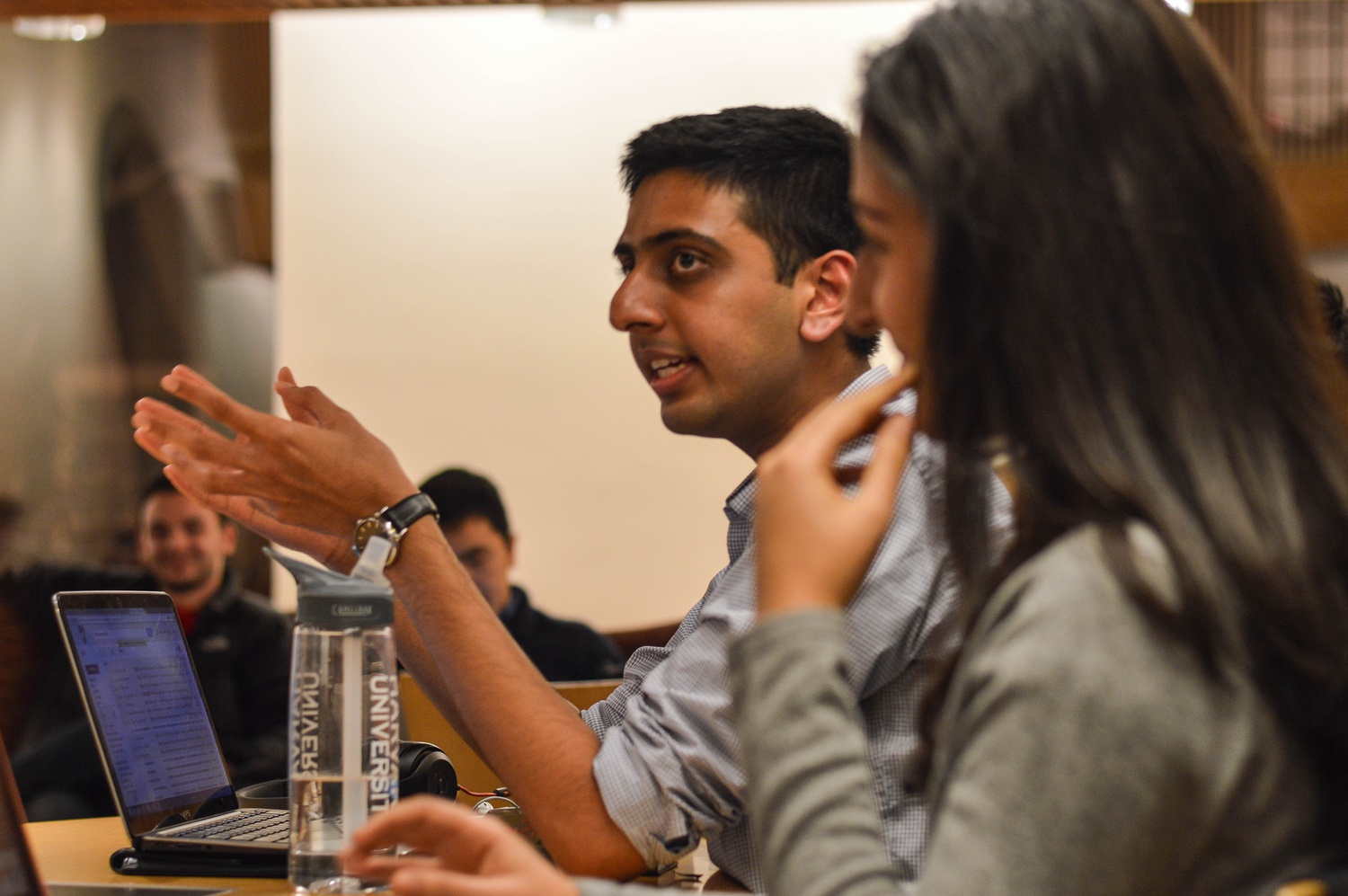 In a Feb. 8 meeting, Undergraduate Council Vice President Dhruv P. Goyal ‘16 speaks in Ticknor Lounge. 