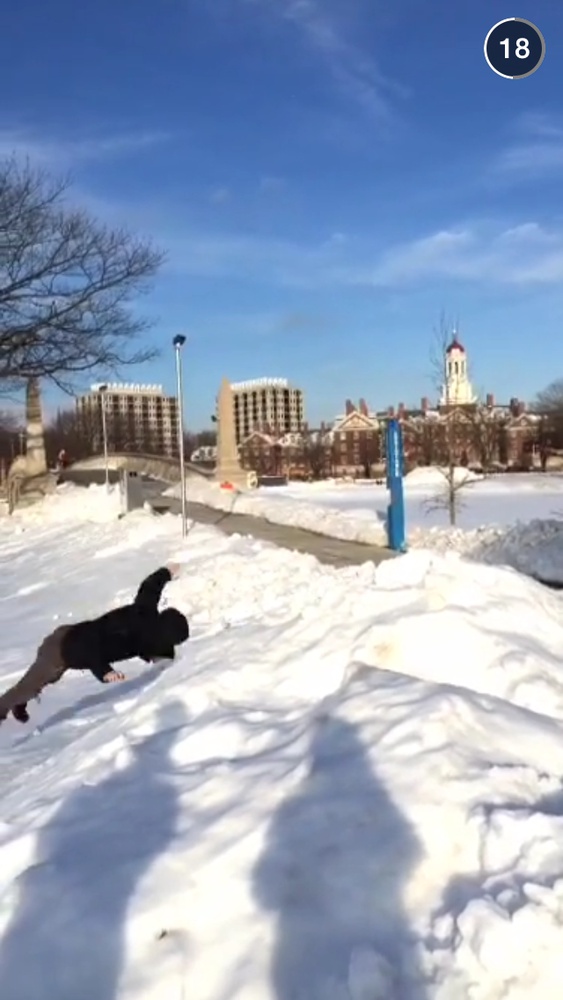 An #ActionShot of you jumping into a snowbank will give you a pretty good shot of making onto Harvard's Campus Story