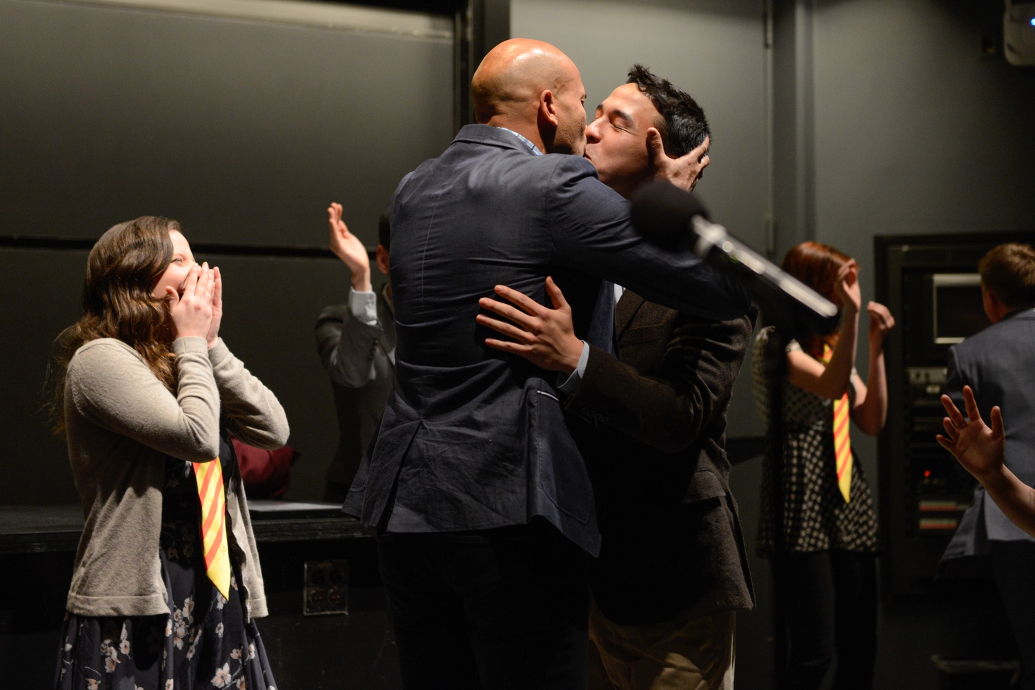 Adam S. Wong '17 is kissed by Keegan-Michael Key during an improv sketch at the IGP's Player of the Year ceremony.