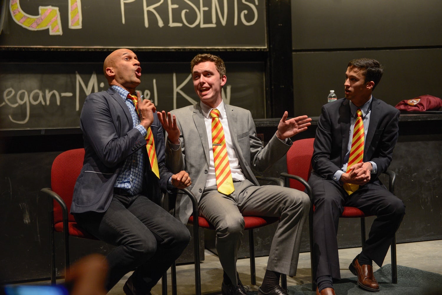 Keegan-Michael Key plays a confused Estonian while Mike A. Skerrett '18 and Aaron I. Henricks '16 explain functions of the brain. 