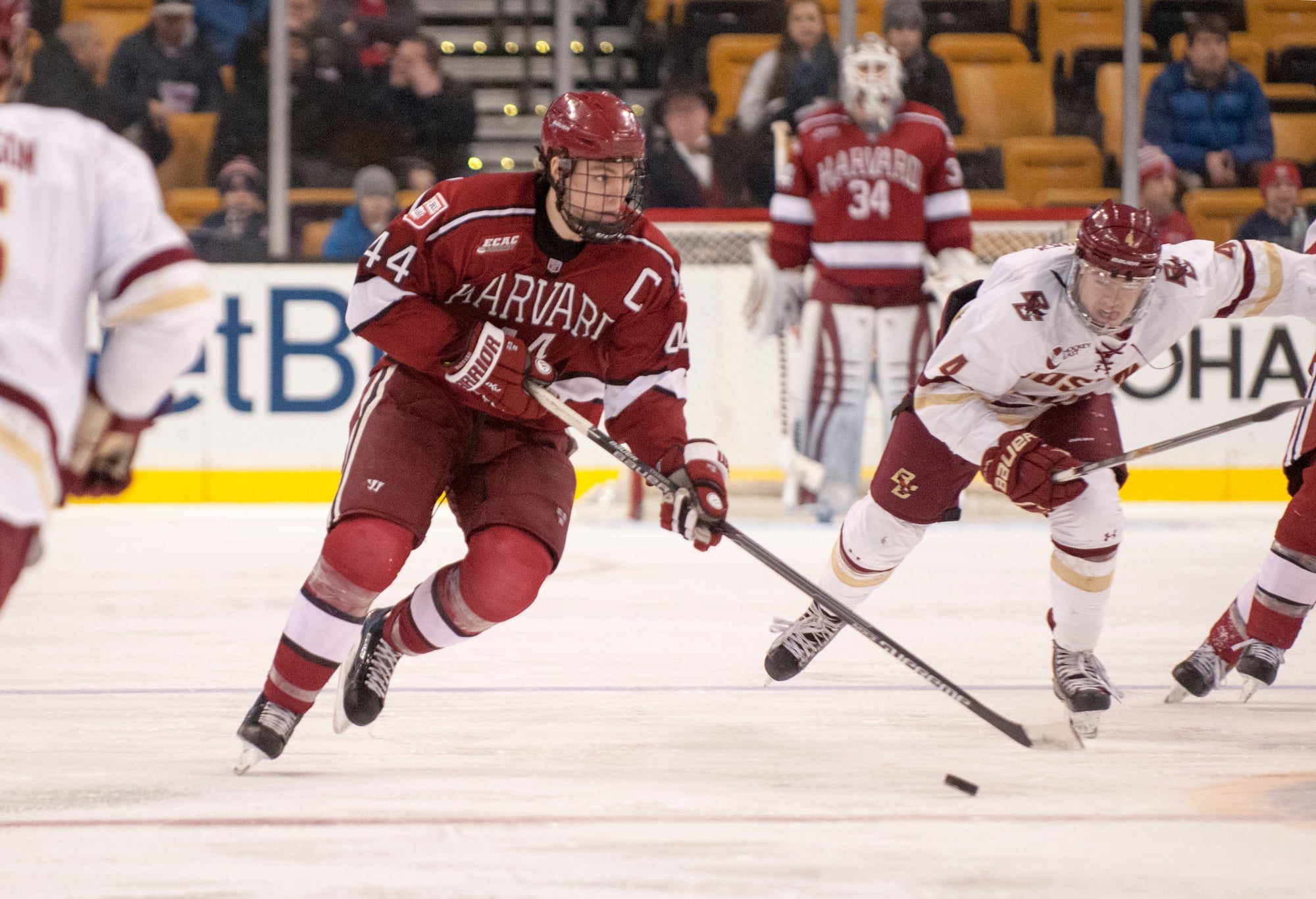 Co-captain Max Everson, shown in previous action, and the Crimson look to clinch a first round bye in the playoffs as they face ECAC foes Quinnipiac and Princeton this weekend.