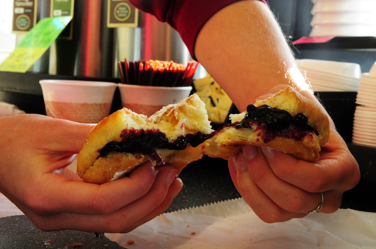Ohlin's Bakery in Belmont sells airy donuts oozing with blueberry jelly.