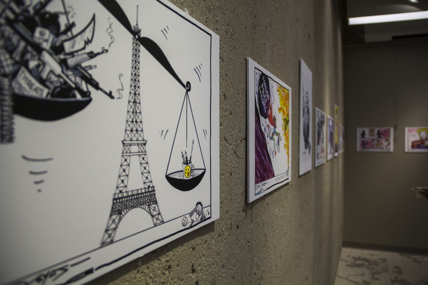 The Monroe C. Gutman Library Gallery exhibited cartoons made by Shreyas Navare, a fellow at the Weatherhead Center for International Affairs and an Editorial Cartoonist at the Hindustan Times. The exhibited works comment on international politics and affairs. 
