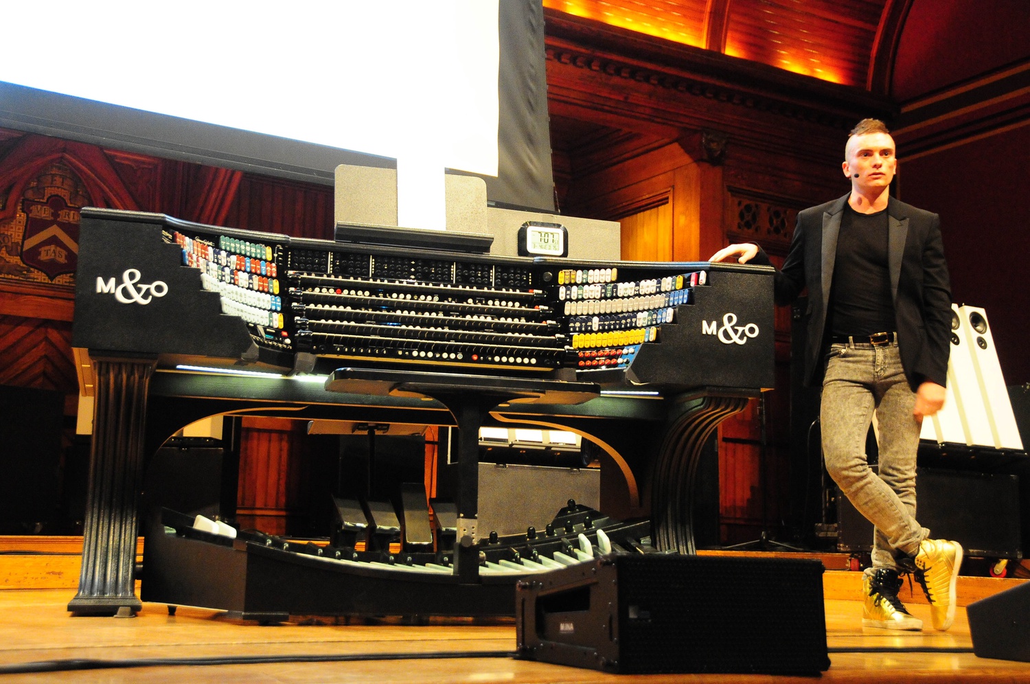 Renowned organist Cameron Carpenter demonstrates his custom made International Touring Organ during a master class in Sanders Theater on Wednesday evening. 