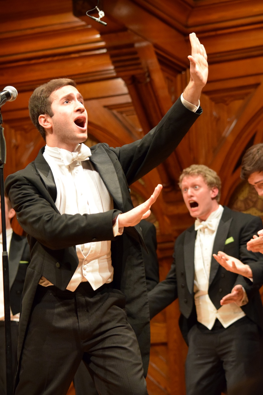 Michael F. Musharbash '16 of the Din & Tonics sings and dances during a performance Saturday night. The Callbacks and the Dins hosted a joint a capella jam entitled "Callbacks SnoweDin"