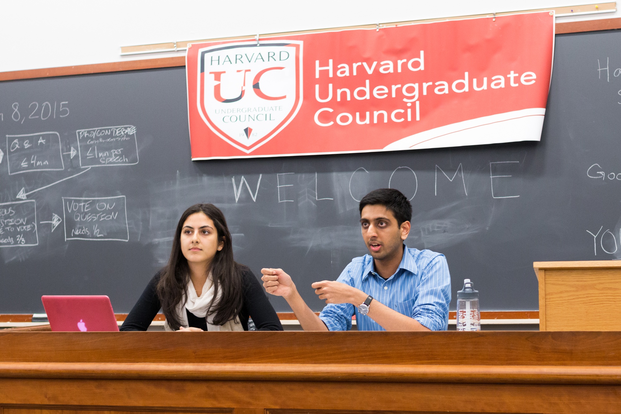 Presiding over the Undergraduate Council general meeting Sunday evening in Harvard Hall with UC President Ava Nasrollahzadeh '16, UC Vice President Dhruv P. Goyal '16 clarifies a statement he made to The Crimson in response to the Spee Club's apology for circulating a controversial party invitation. Goyal retracted the words “on behalf of the Council” from his statement.