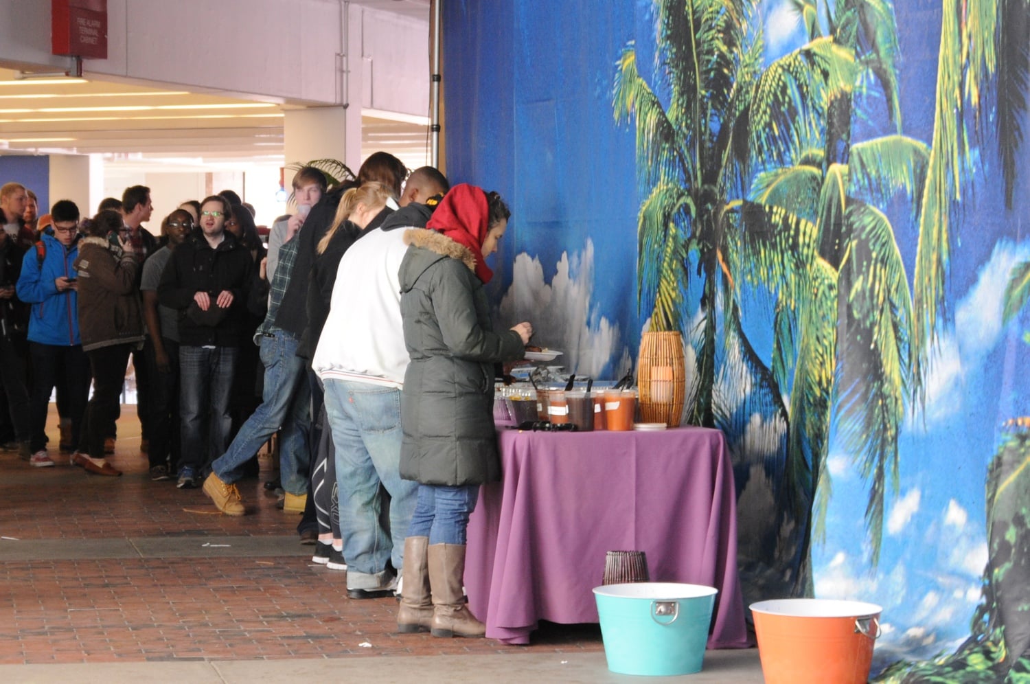 Students face long lines to enjoy food items like macaroni and cheese and hot dogs in the Science Center during #HarvardOasis.  The event, held on Sunday afternoon, including a screening of Finding Nemo, a performance from a student band, and ping pong tables. 
