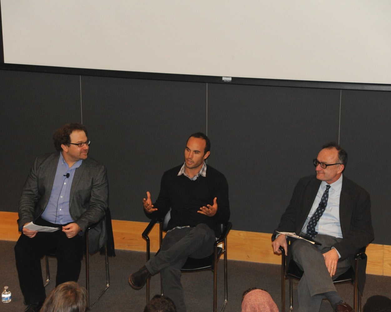 Former United States professional soccer player Landon T. Donovan engages in a discussion with students in Fong Auditorium Wednesday afternoon as part of Romance Studies 109: The Global Game.