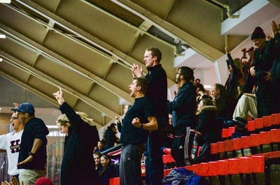 Cover image for February 27, 2015 - Harvard 2, Yale 1: Crimson fans react to a Harvard goal in the Crimson's 2-1 victory.