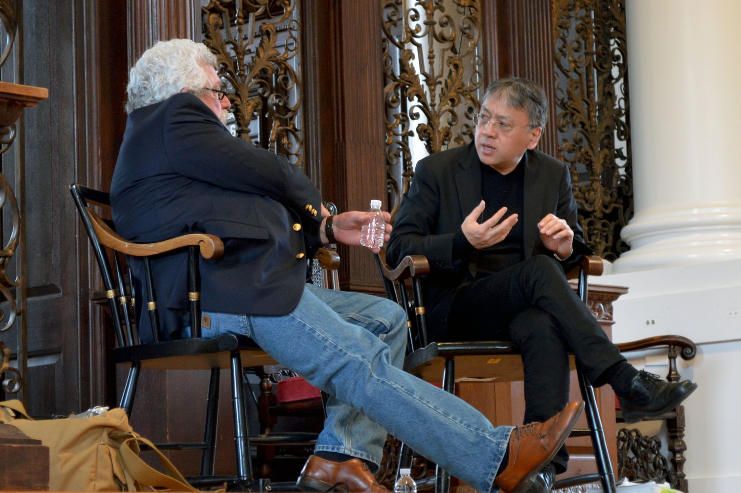 Novelist Kazuo Ishiguro speaks to journalist Robert Birnbaum at the Harvard Book Store's signing event for Ishiguro's latest novel “The Buried Giant” in Memorial Church.  