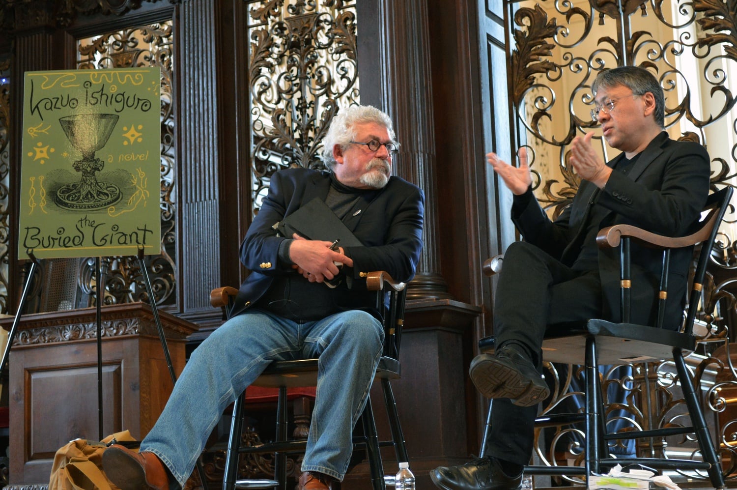 Author Kazuo Ishiguro in conversation with journalist Robert Birnbaum at the Harvard Book Store signing of Ishiguro's latest novel The Buried Giant.