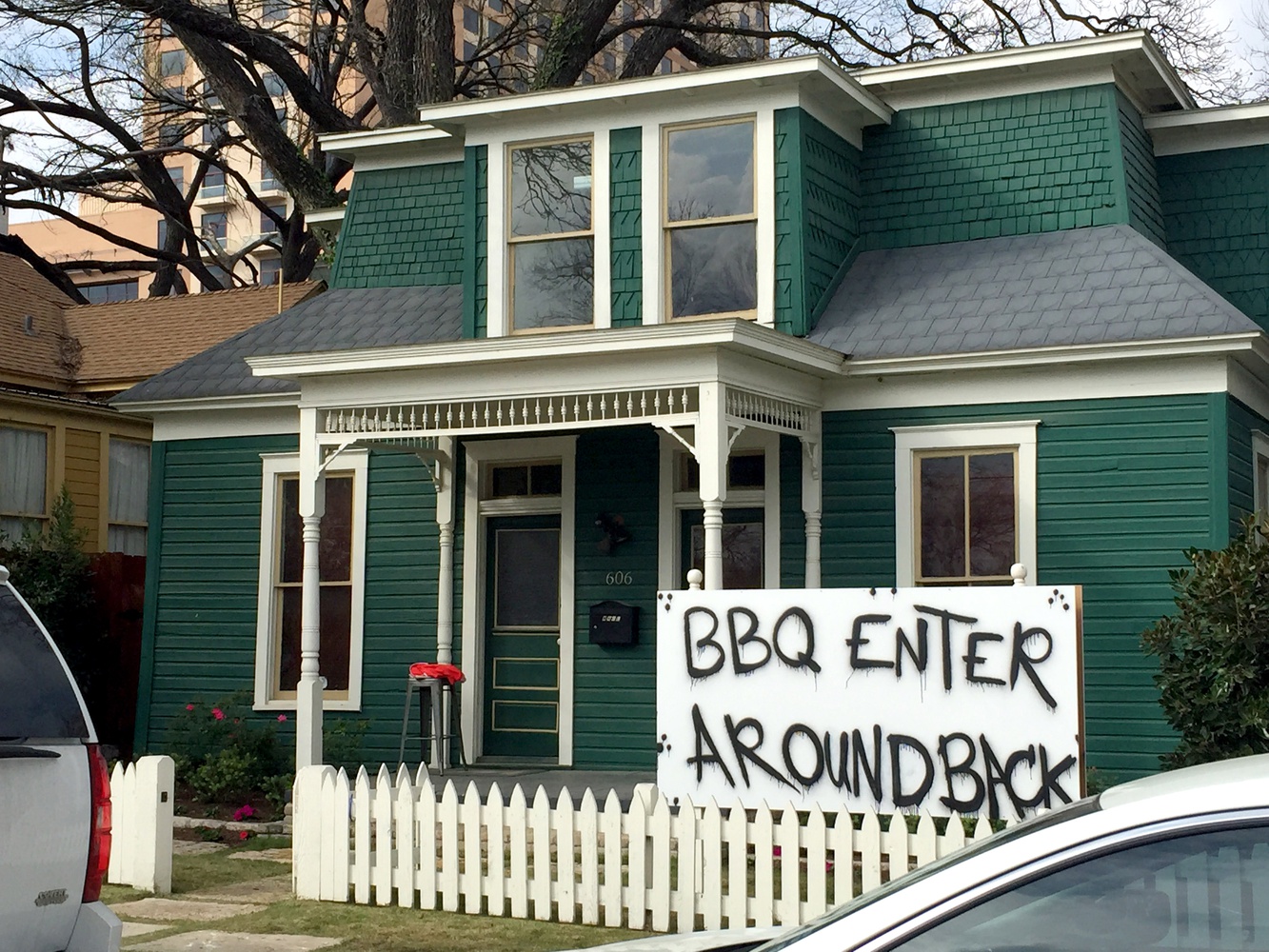 For spring break I traveled to Austin, Texas, and found that barbecue was everywhere. While walking around the city one day I spotted this sign in front of a house. 