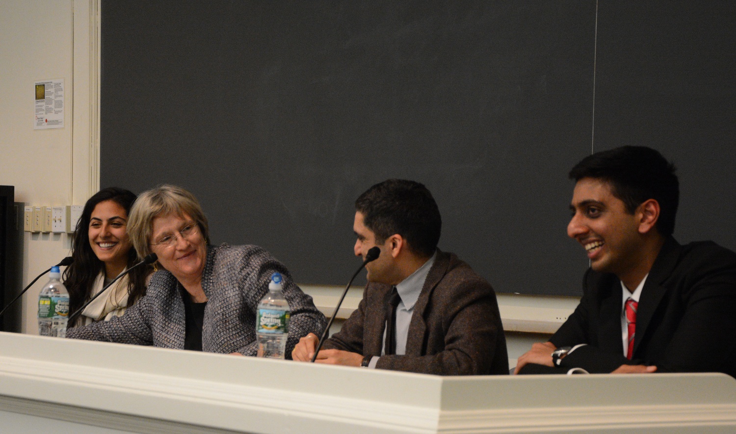 Undergraduate Council leaders Ava Nasrollahzadeh '16 and Dhruv P. Goyal '16 at an open forum with President Drew G. Faust and Harvard College Dean Rakesh Khurana in March.