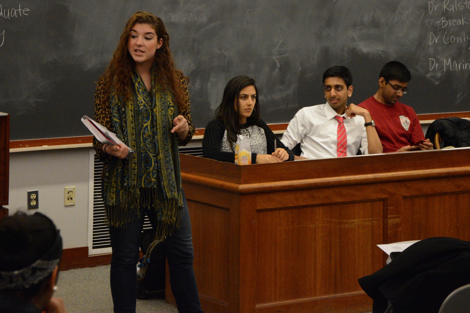 President-elect of the Cornell Student Assembly Juliana Batista speaks to members of the Undergraduate Council about student concerns on her campus. She visited Sunday night to talk to UC members about the relevance of university student government and the potential for inter-ivy collaboration on student government projects that advance student interests.