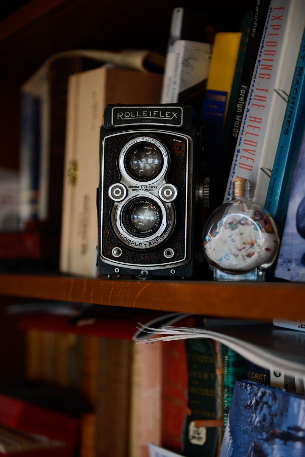 Stilgoe often takes photos for his books with dual-reflex lens cameras, such as this Rolleiflex.
