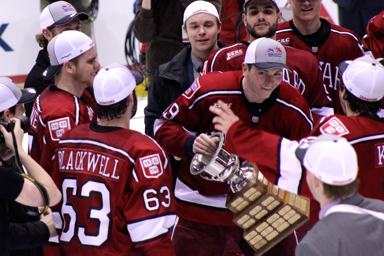 Vesey, shown after the Crimson won the ECAC title on March 21, was named Most Outstanding Player of the conference tournament after scoring an ECAC-record nine playoff goals.