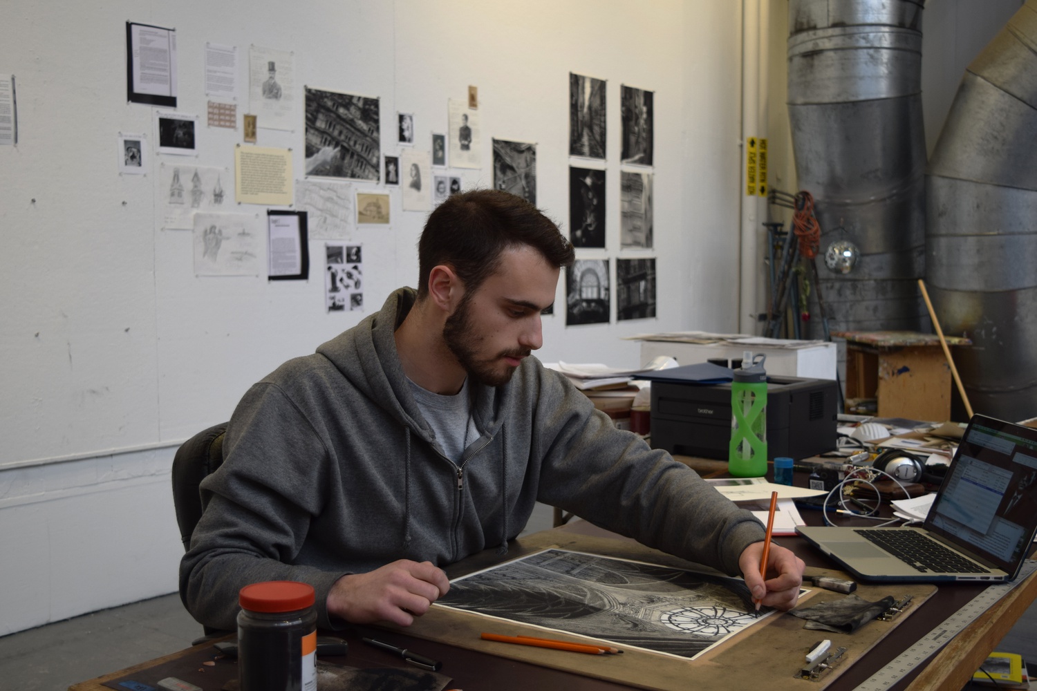 Visual and Environmental Studies Concentrator Samuel H. Rashba ’15 works on his senior thesis in a VES studio on Wednesday. His thesis is an installation based on the novel “The Shadow of the Wind."