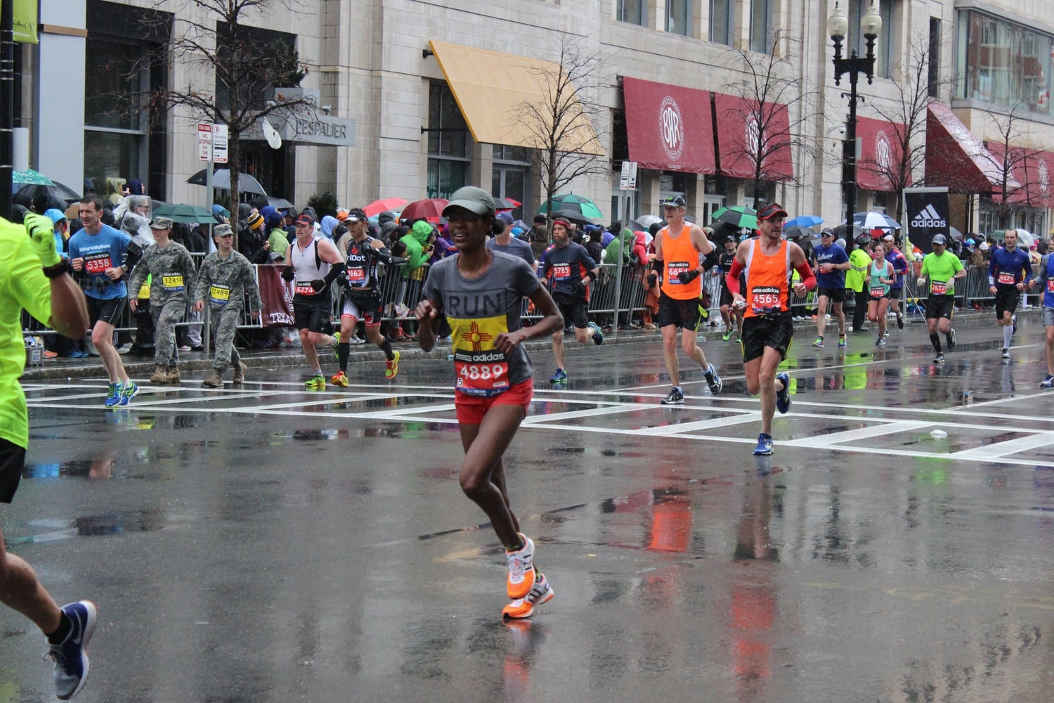 Serena Eley of Los Alamos, New Mexico, approaches the finish line of the 2015 Boston Marathon.  