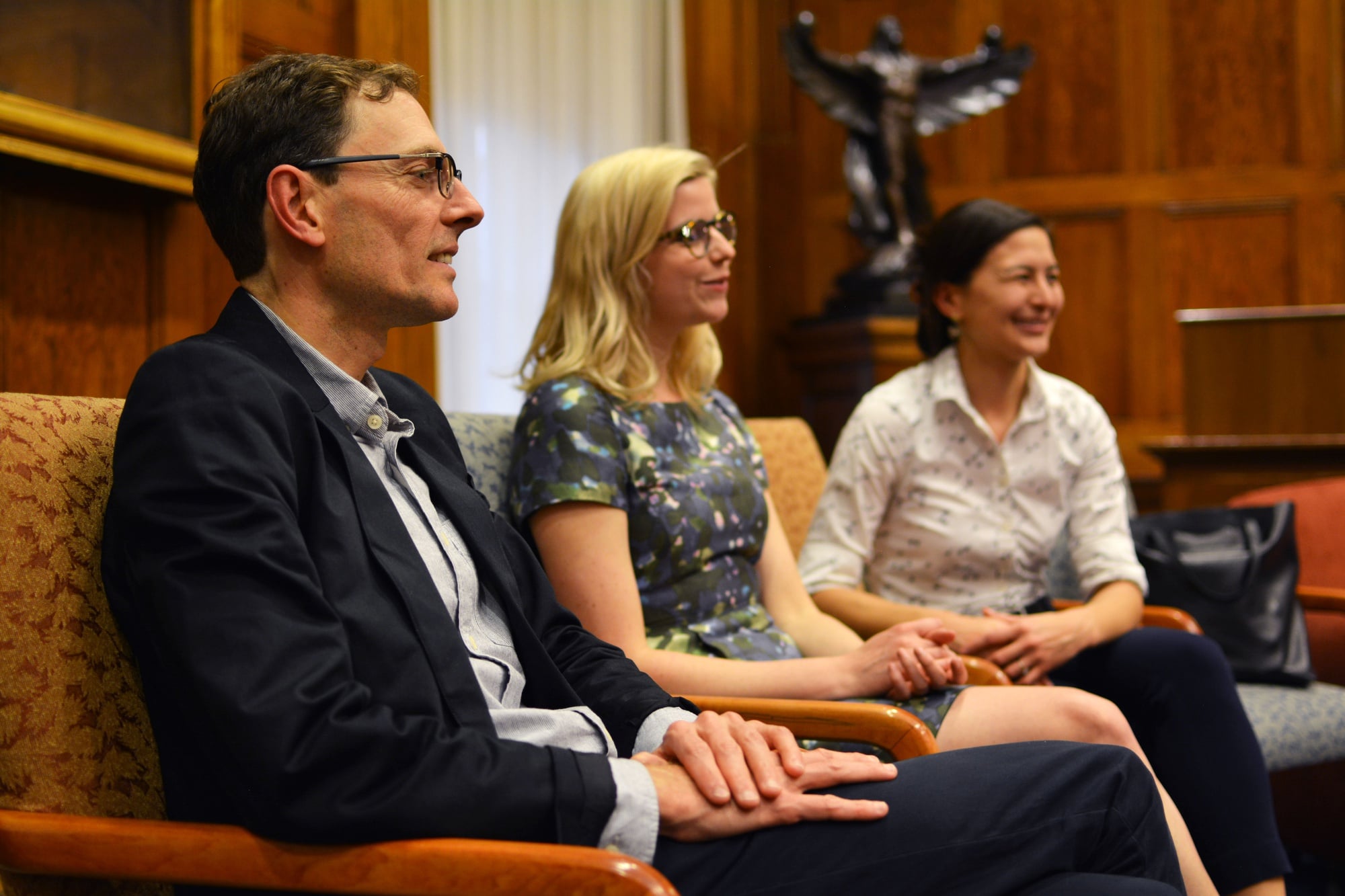 Chair of the Committee on Dramatics Prof. Martin Puchner, left, and graduate students Tarryn Li-min Chun, center, and Elizabeth M. Phillips, right, attended an open forum on the future of theater at Harvard in April.