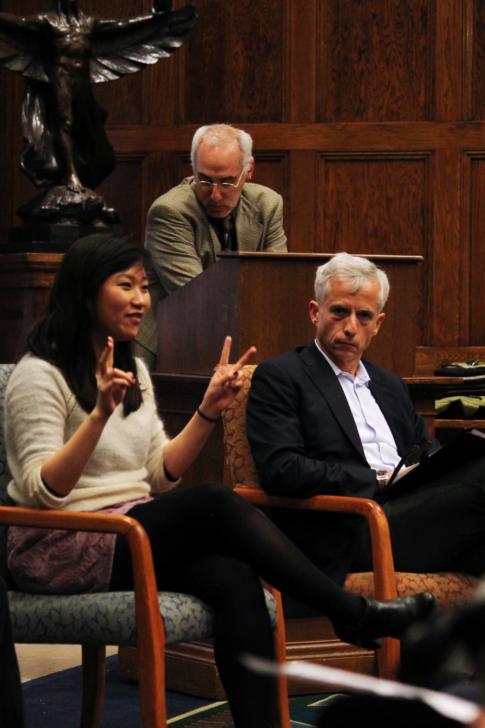 Olivia Z. Zhu ’15, who has served on the Academic Integrity Committee for 3 years, speaks about honor codes at Harvard’s graduate schools and Radcliffe College, and the student voice in creating the College’s honor code at the Barker Center on Monday evening. 