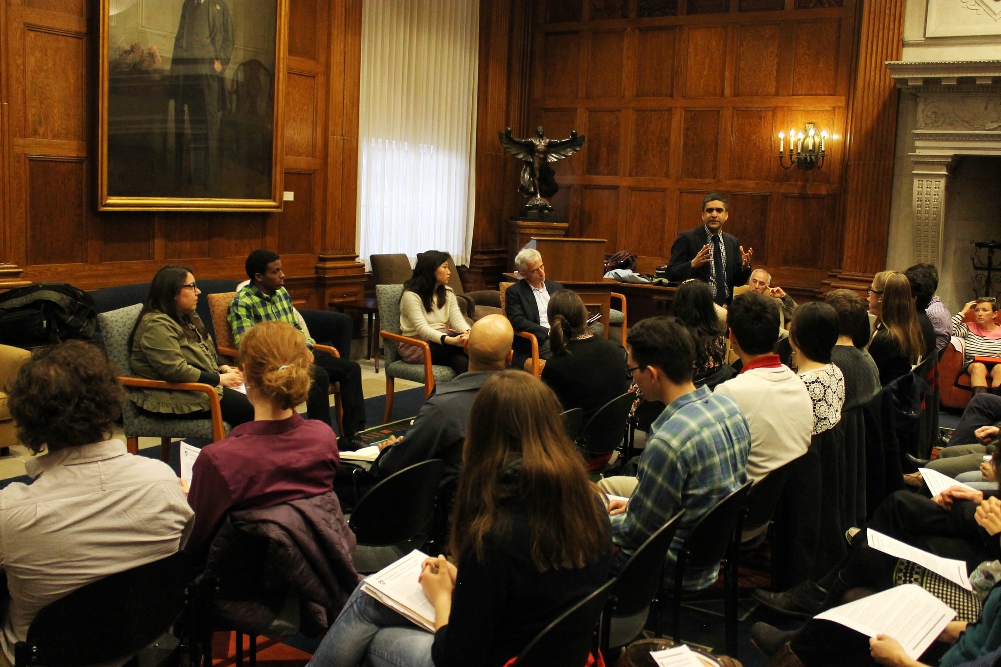 Dean of the College Rakesh Khurana begins the panel discussion on the College’s honor code by talking about the impetus for the honor code on Monday evening at the Barker Center. 
