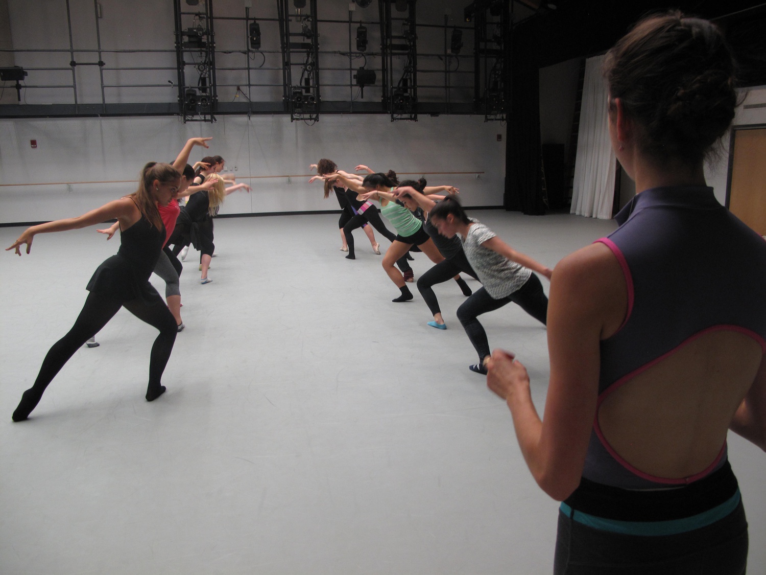 Ileana Riveron '17 (fore) instructs dancers in their rehearsal for "Swan Lake: For the Birds!" as part of the 2015 Arts First festival.
