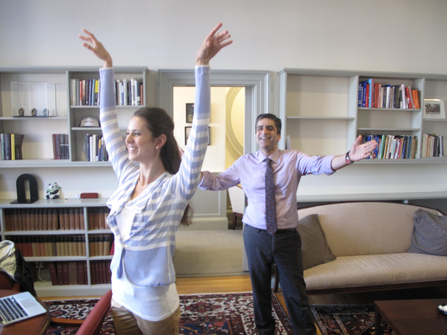 Lilly Riveron '17 instructs Dean of Harvard College Rakesh Khurana in dancing his role in "Swan Lake: For the Birds!", a Tchaikovsky spoof that will kick off the 2015 Arts First festival.