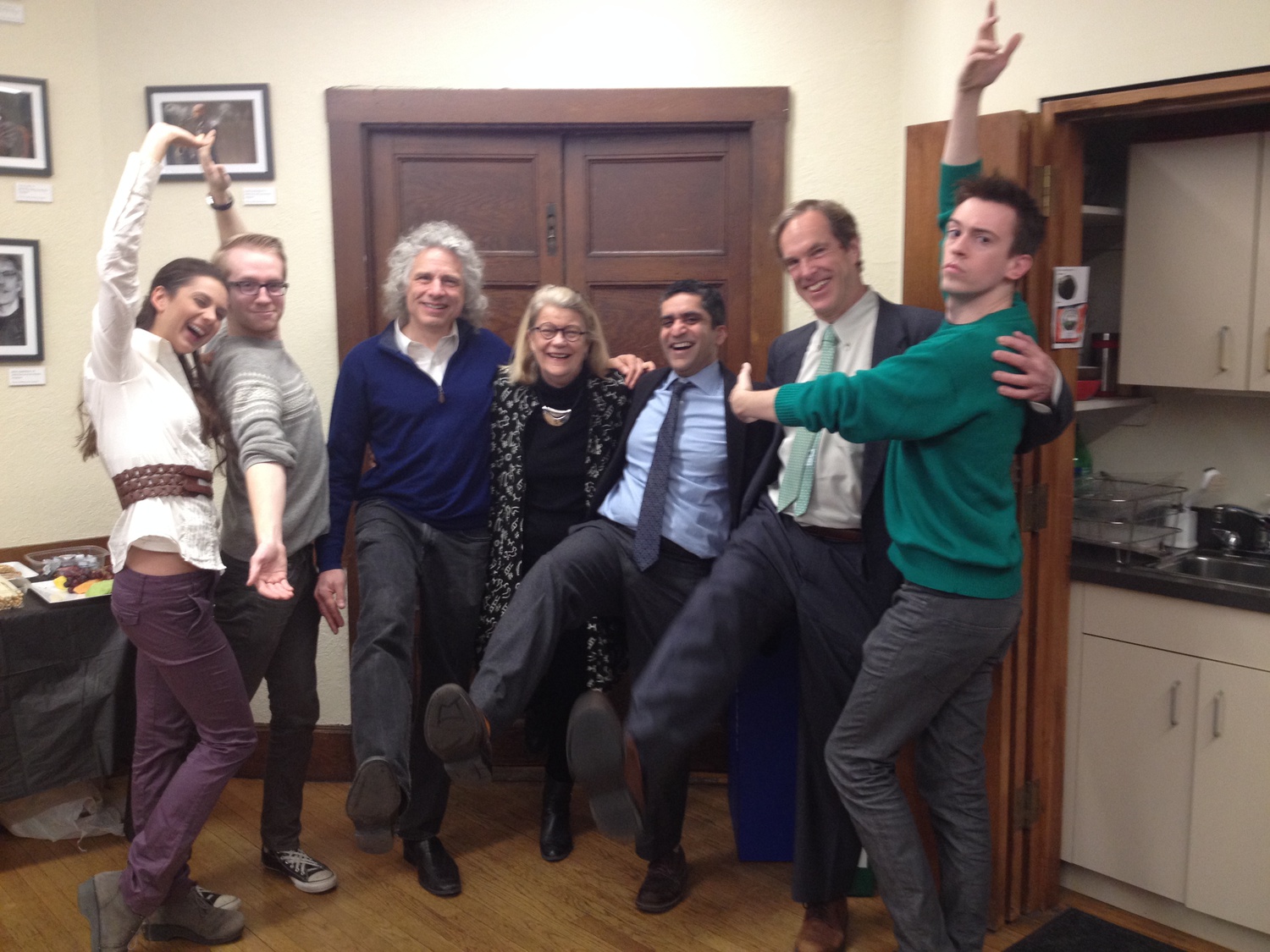 The creative partners for the Arts First production of "Swan Lake: For the Birds!" are (from left) Lilly Riveron '17 of Harvard Ballet Company, Sam Wattrus '16 of the River Charles Ensemble, Rrofessor Steven Pinker, Professor Diana Eck, Dean of Harvard College Rakesh Khurana, and Dean of Freshmen Tom Dingman and Sam Clark '15 of the Hasty Pudding Theatricals. The send-up of Tchaikovsky's beloved ballet will take place noon, Saturday, May 2, as the kickoff to the Arts First performance fair on the Science Center plaza. 