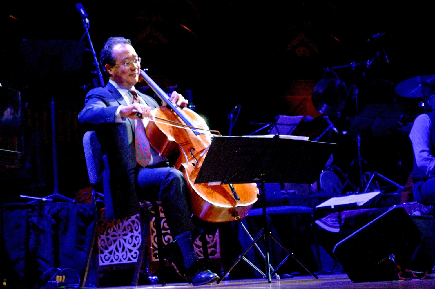 Cellist Yo-Yo Ma ‘76 performs with The Silk Road Ensemble at their concert in Sanders Theater Friday night.