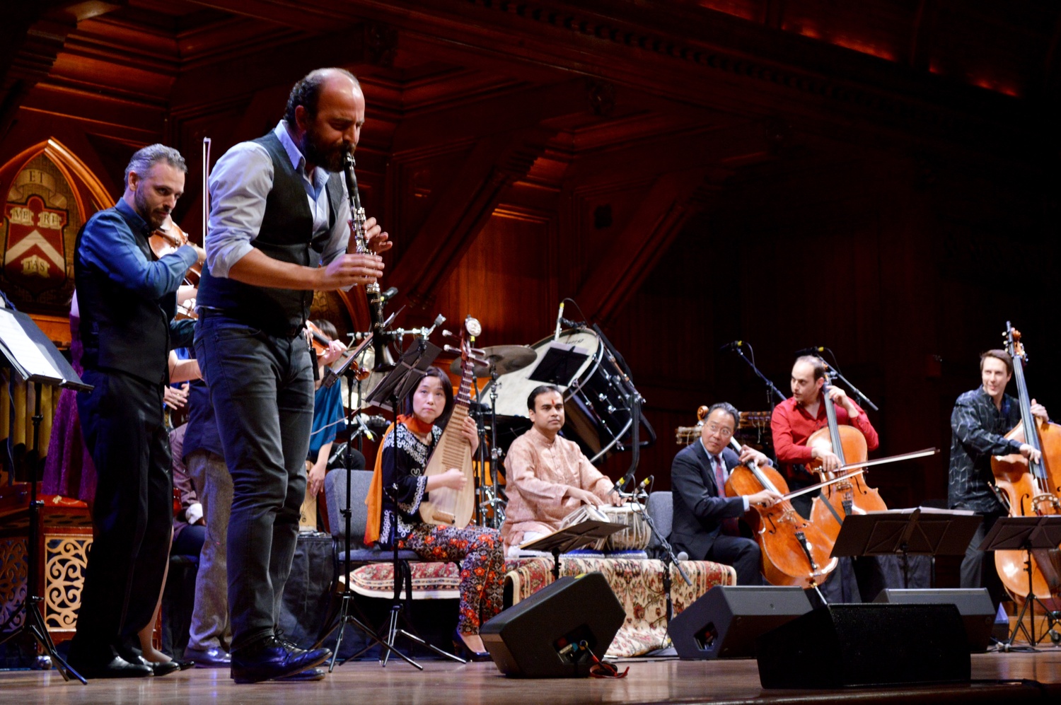 Clarinetist Kinan Azmeh performs his self-composed piece “Wedding” with the Silk Road Ensemble, Yo-Yo Ma ‘76, and friends at their concert in Sanders Theater on Friday night.