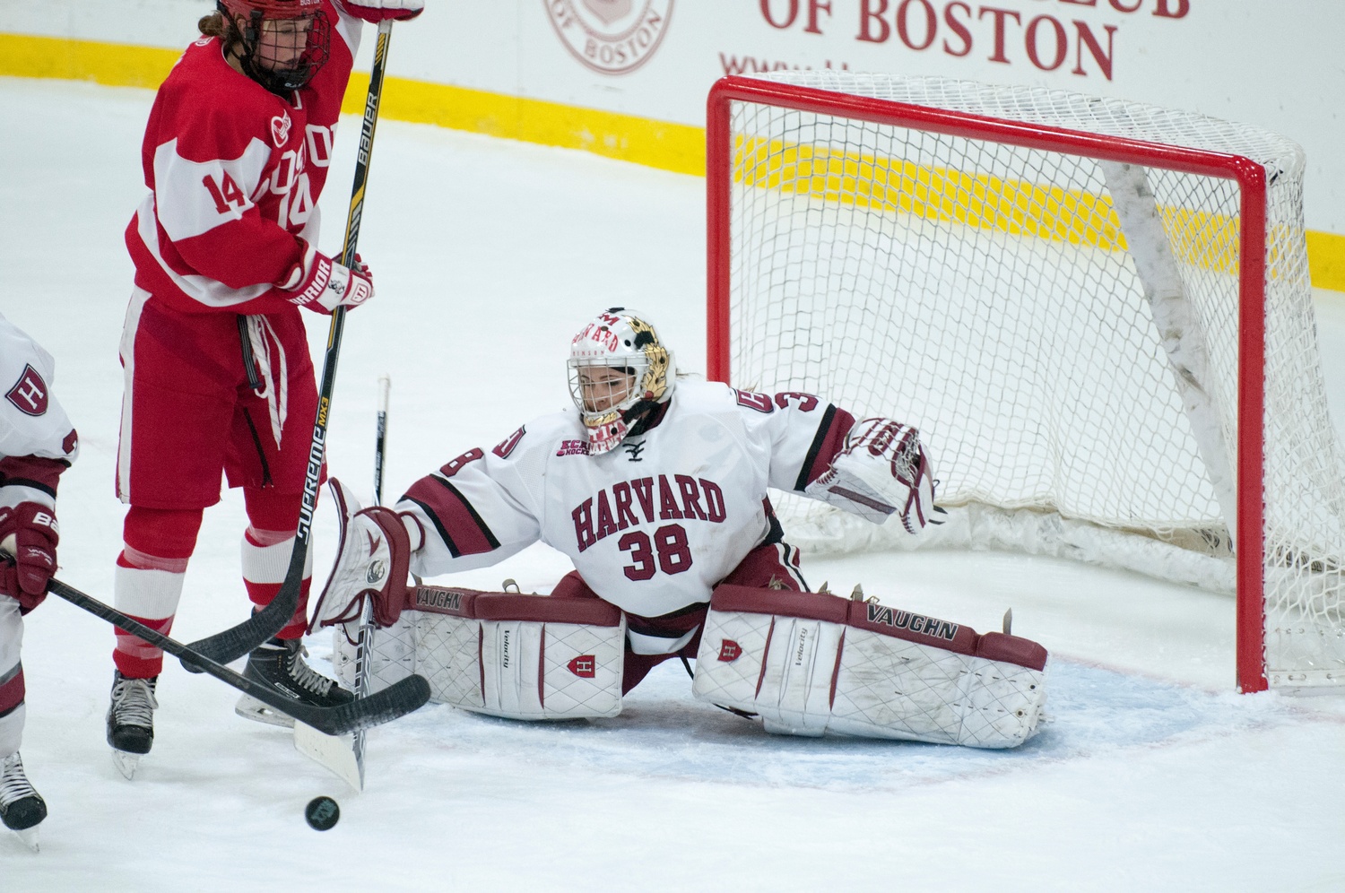 Senior netminder Emerance Maschmeyer looks to stop the dangerous Huskies attack. 