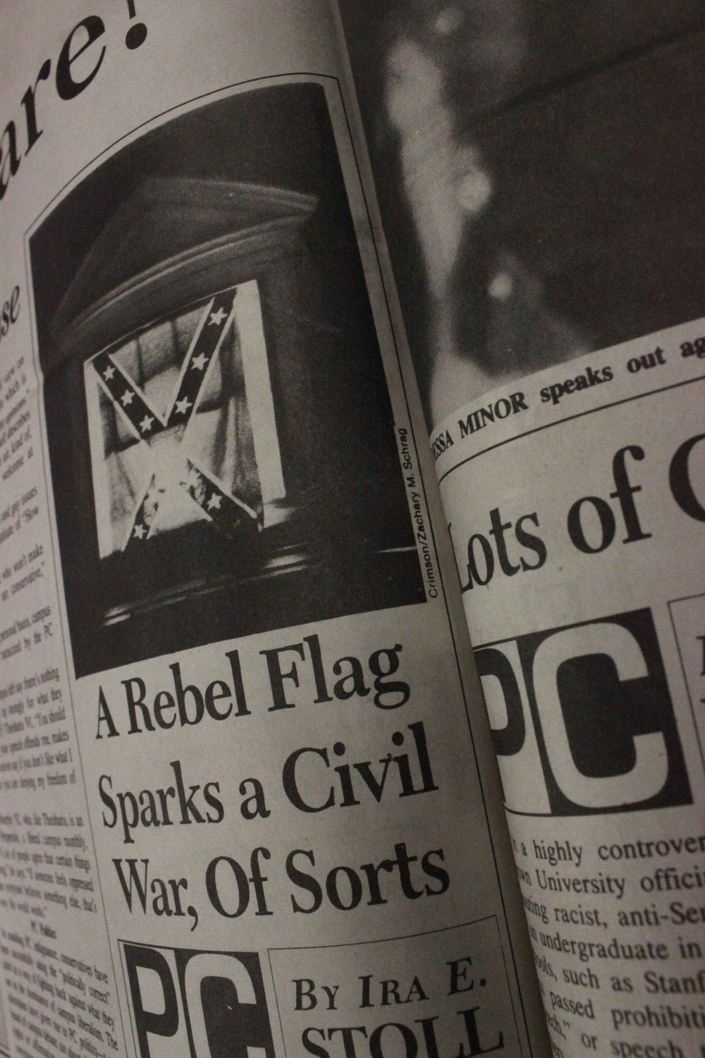 Beginning in the winter of 1990, a series of students publicly hung Confederate flags in their dorms, sparking controversy as students struggled to draw the line between freedom of speech and harassment.