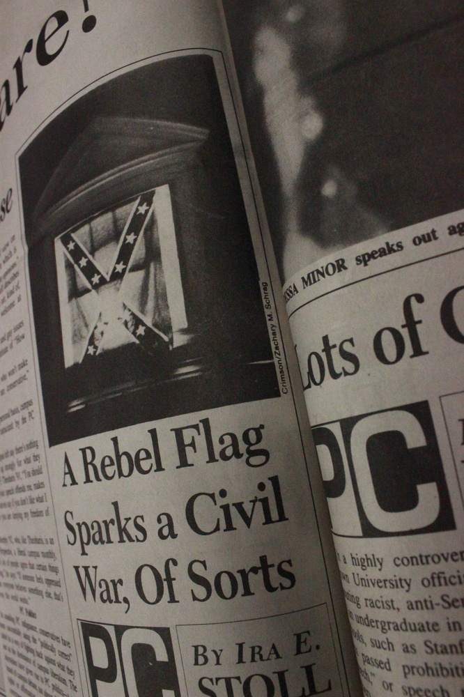 Beginning in the winter of 1990, a series of students publicly hung Confederate flags in their dorms, sparking controversy as students struggled to draw the line between freedom of speech and harassment.