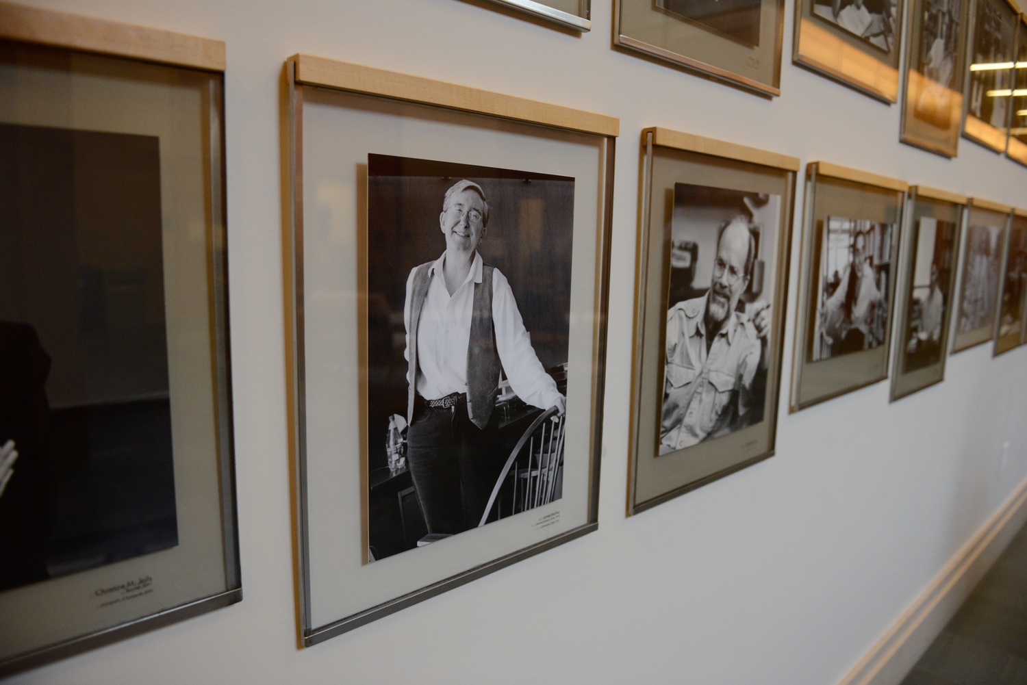 A portrait of Harvard Law School professor Janet E. Halley hangs in Wasserstein Hall next to images of other faculty members.