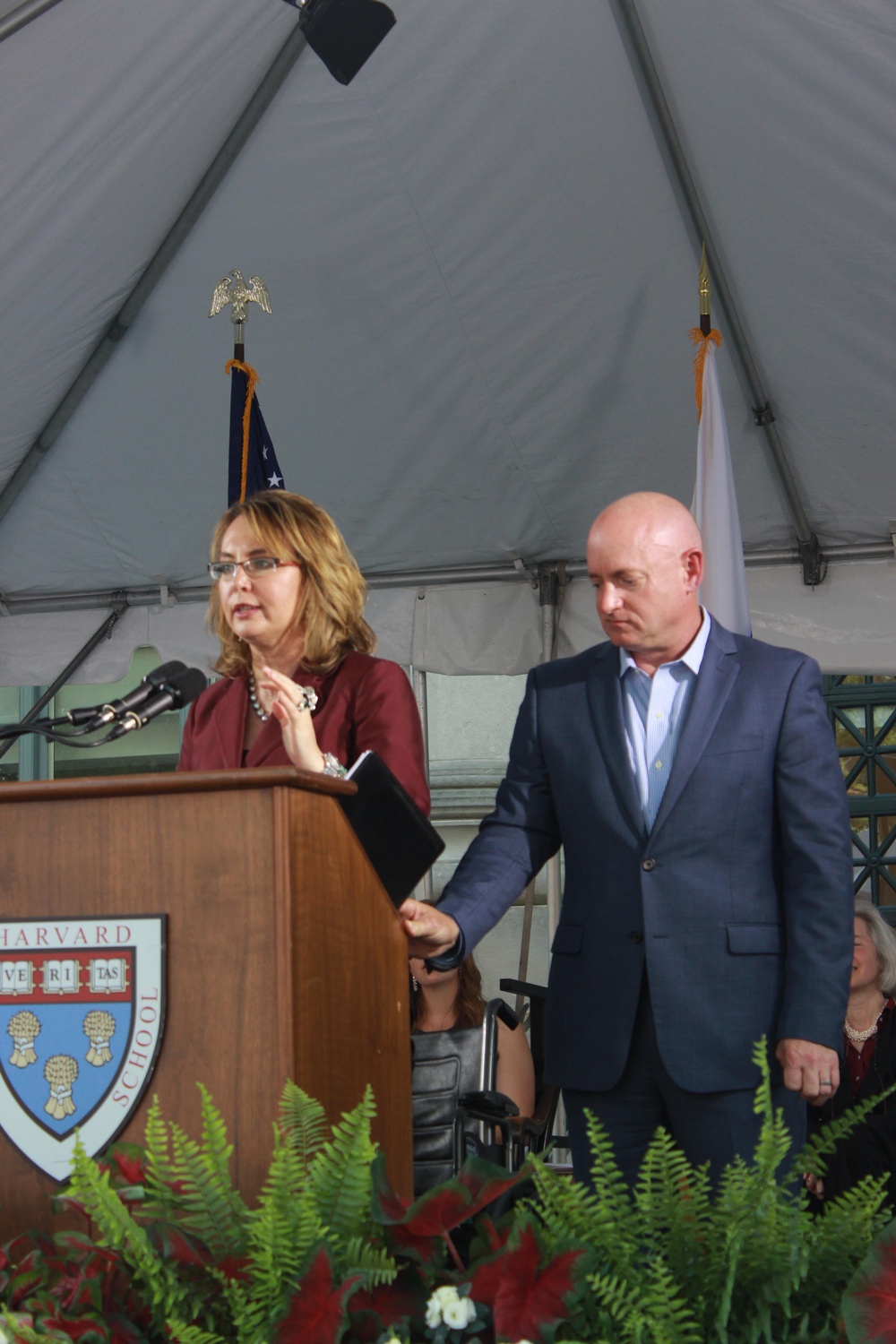 Former U.S. Representative Gabrielle D. Giffords and her husband, Mark E. Kelly, speak at Harvard Law School’s Class Day.