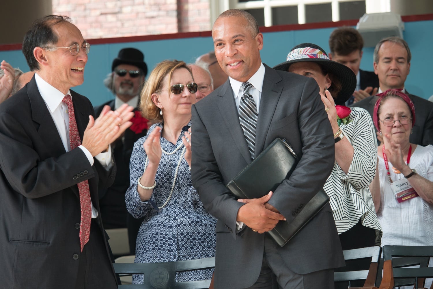 Former Massachusetts Governor Deval L. Patrick '78 receives a standing ovation after delivering the 2015 Commencement address.