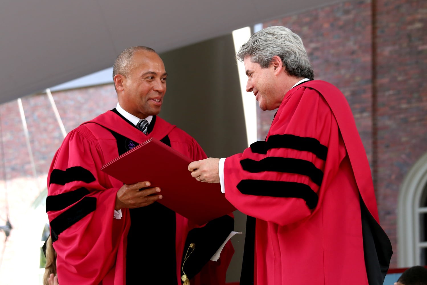 Former Massachusetts Gov. Deval L. Patrick '78 receives an honorary degree during Commencement on May 28.