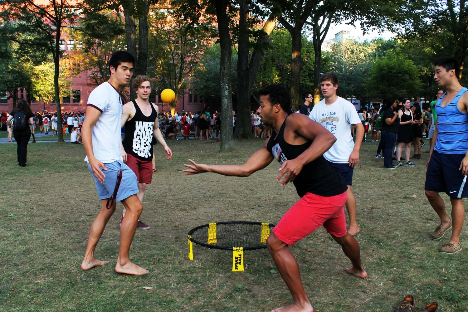 Students engage in an intense game of spike ball during Camp Harvard Monday evening in Tercentenary Theatre.