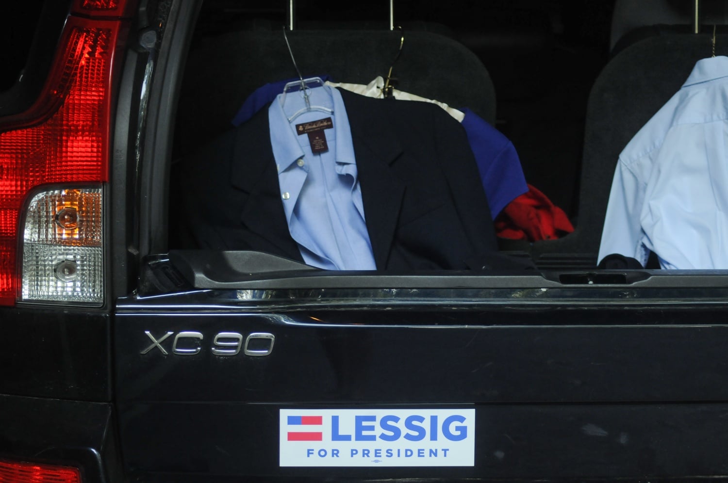 Prof. Lawrence Lessig's son's jacket sits in the back of his family's car before Lessig's campaign kickoff. Lessig launched his bid for the democratic candidacy on Wednesday, Sept. 9 in Claremont, NH.