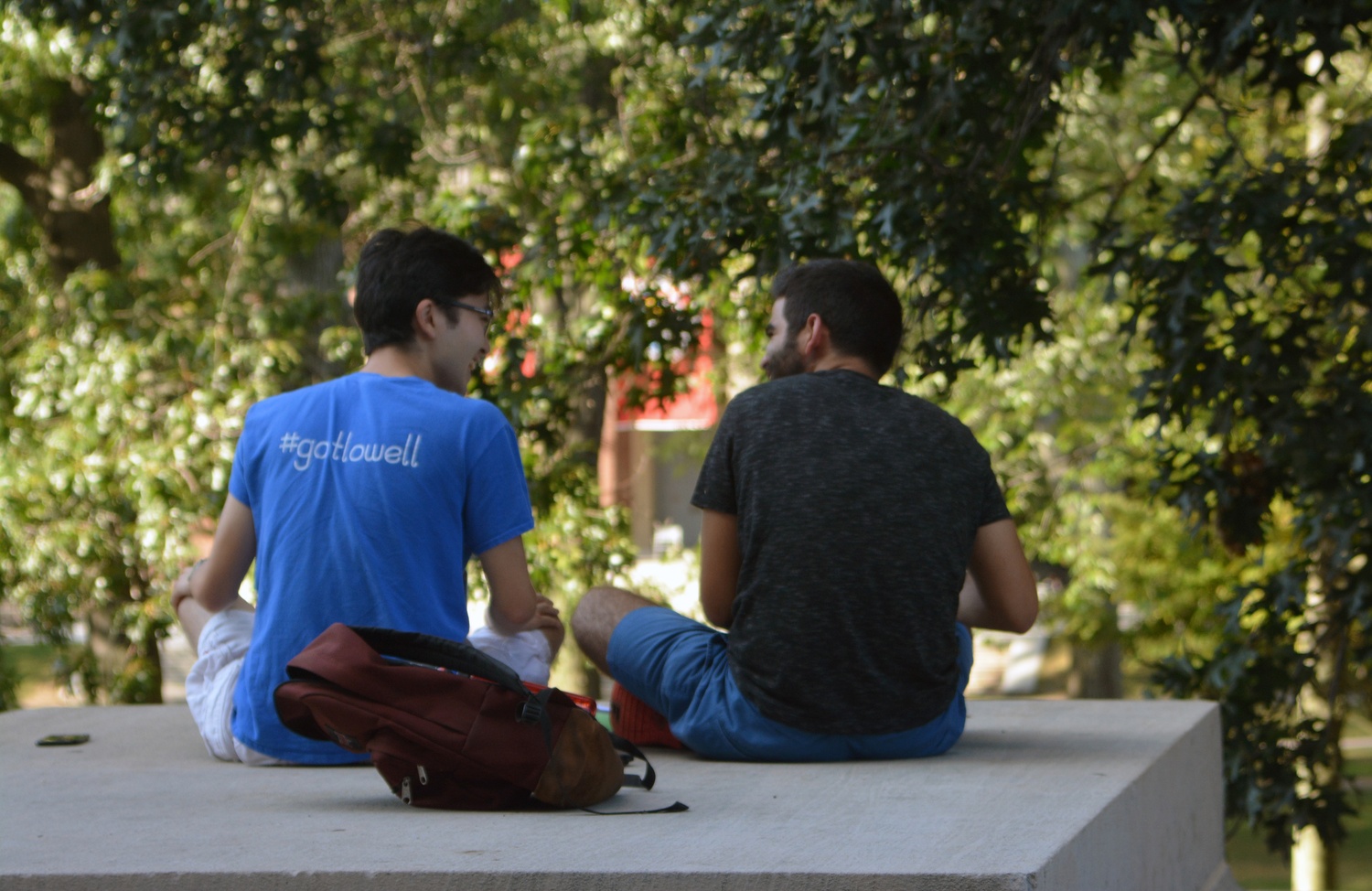 Taiga Abe '17 and Marlon Seijo '18, both neurobiology concentrators, study outside on top of Widener Library's steps, overlooking the yard. Though still shopping week, Seijo was already hard at work on Chemistry 17: “Principles of Organic Chemistry.”