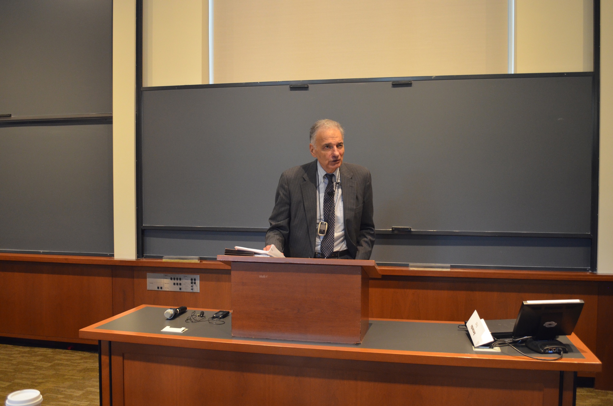 Ralph Nader JD '58 speaks about his experiences at Harvard Law School Thursday Afternoon in Langdell Hall. Nader spoke about among other things, how HLS should change its curriculum to adapt to the changing world.