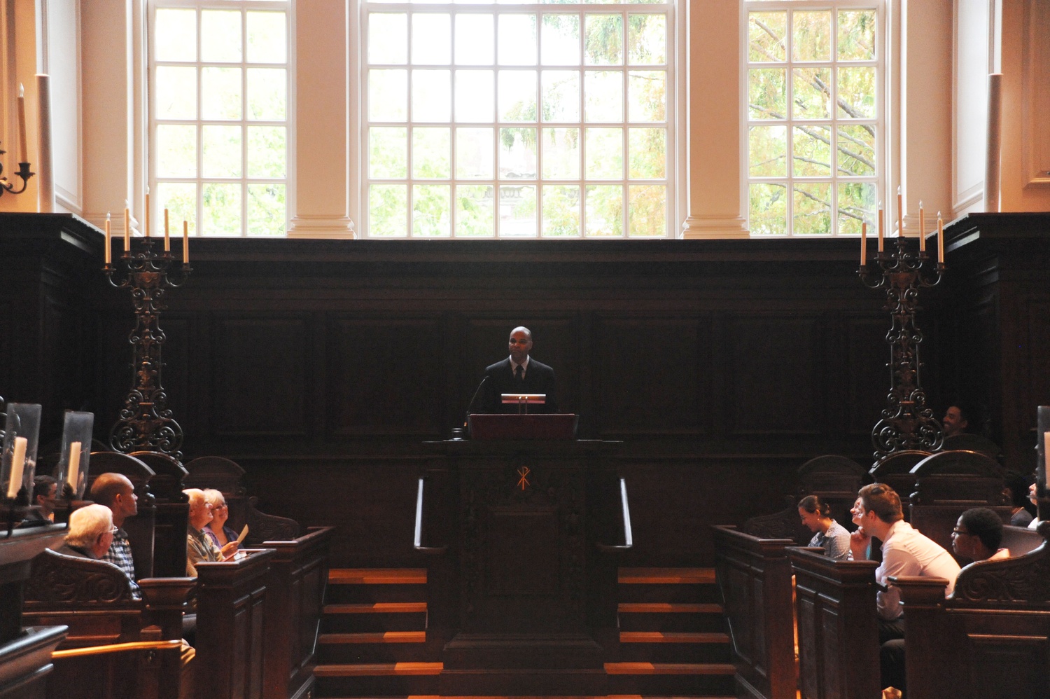 Harvard Men’s Basketball coach, Tommy Amaker, gives a sermon at the Memorial Church Thursday morning.